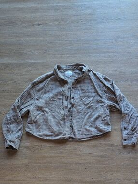 American Eagle Outfitters Cream Plaid Corduroy Button-Up, 100% Cotton